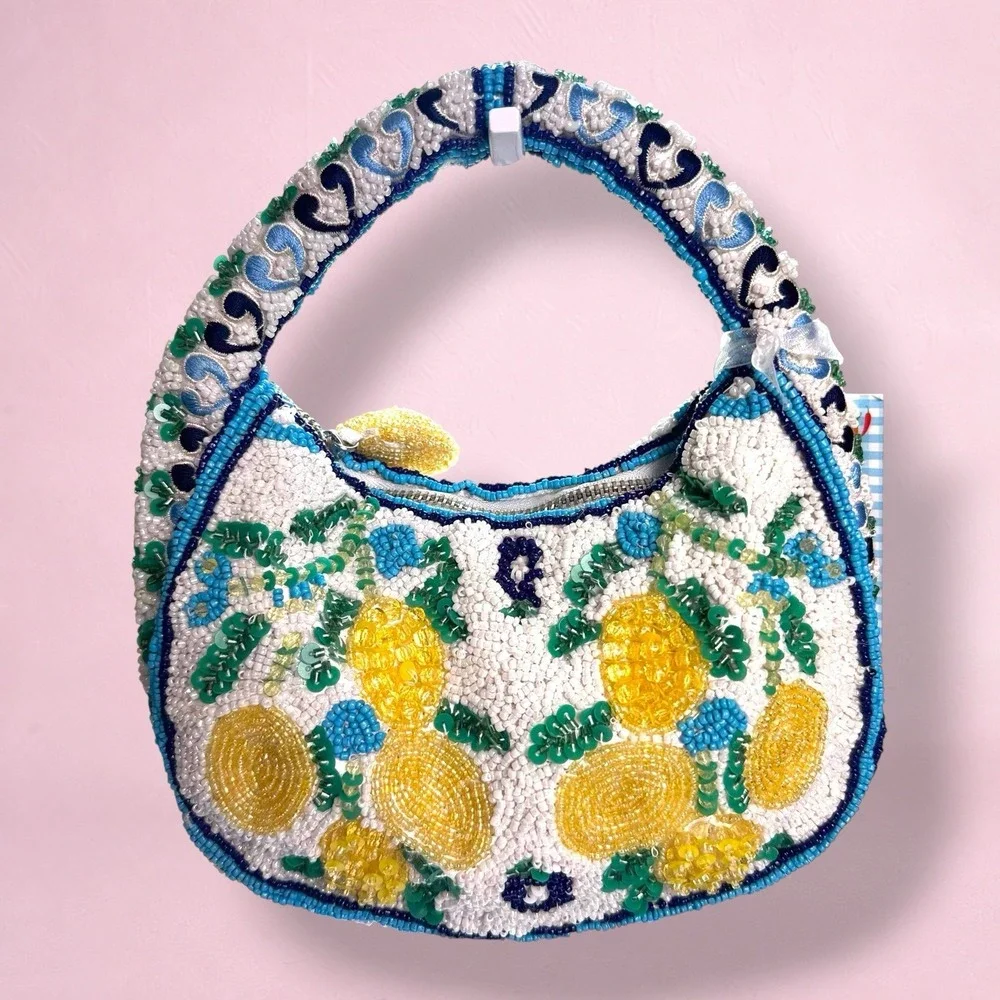 Handcrafted In India Lemon Beaded Tote Top Handle Bag Satchel Iridescent New